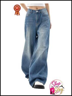 Women's Wide Leg Boyfriend Jeans Mid Rise Pull On Denim Pants